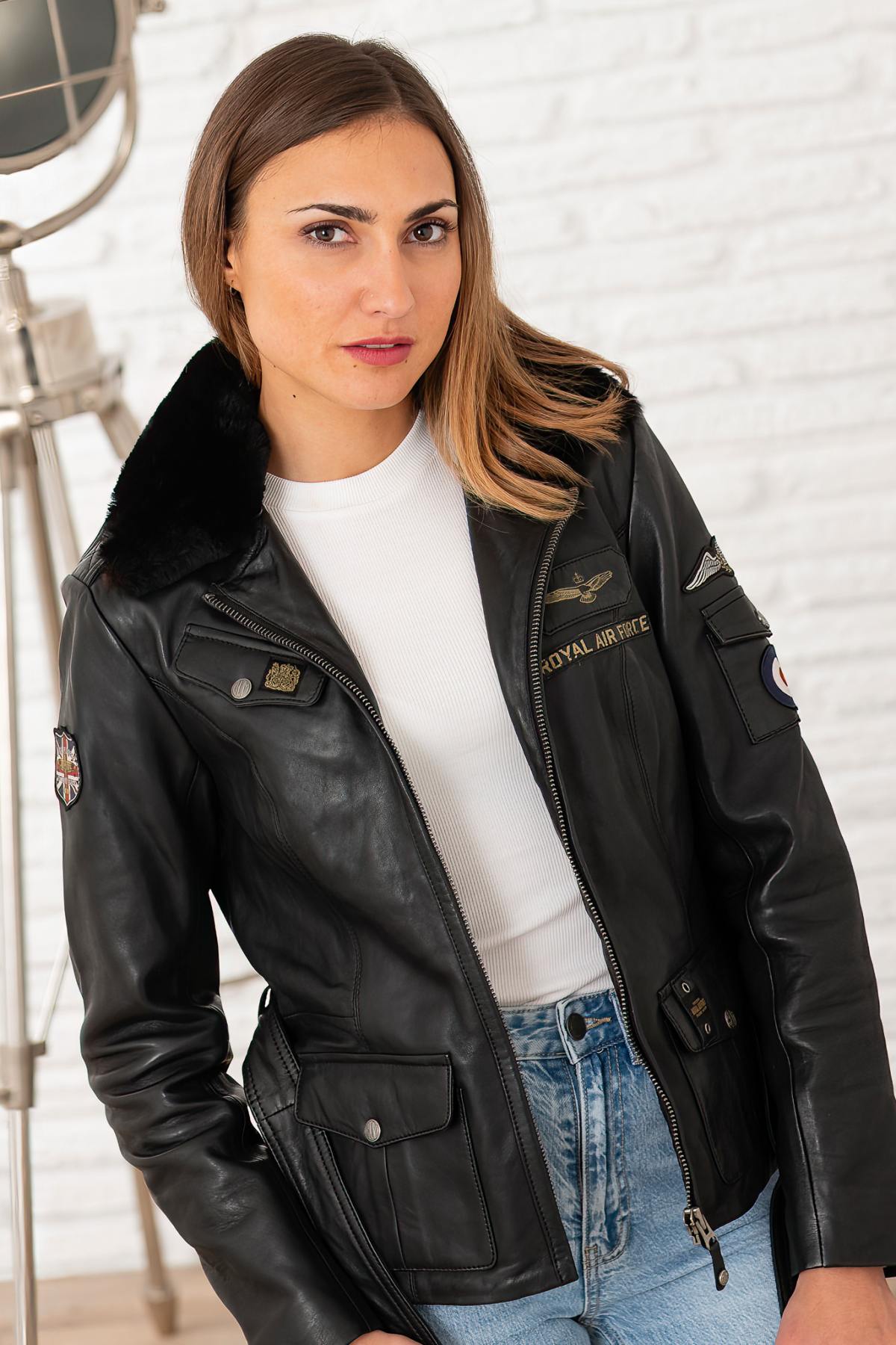 Black sheep leather jacket, Spitfire-inspired. Vegan fur collar. - Image n°6