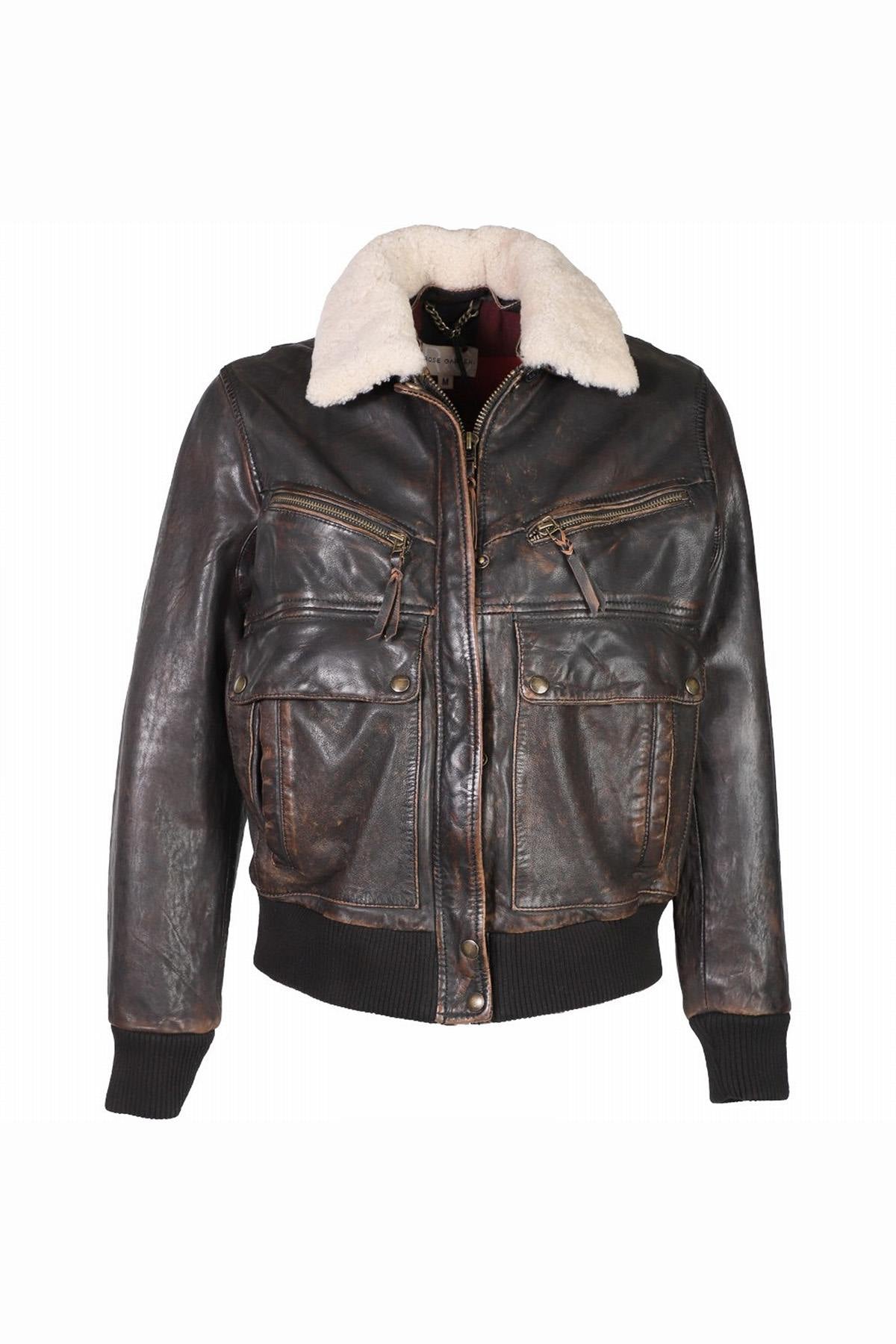 Aged black sheep leather aviator jacket with vegan fur collar. - Image n°8