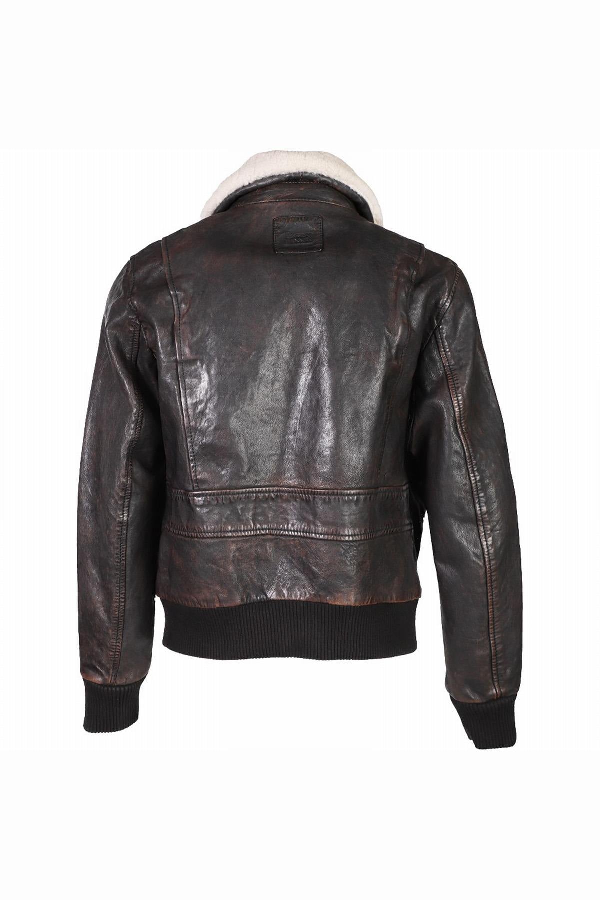 Aged black sheep leather aviator jacket with vegan fur collar. - Image n°9