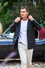 Black leather shirt collar mid-length jacket - Image n°4