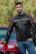 Black leather jacket with red inserts and quilted shoulders - Image n°3