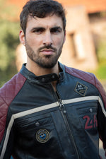 Black leather jacket with red inserts and quilted shoulders - Image n°6
