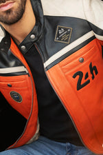 Rider's orange sheepskin jacket. Le Mans heritage, bold biker style. - Image n°4