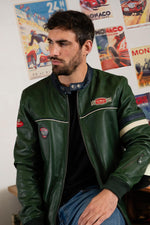 Le Mans-inspired sheep leather jacket in Crown Green/Navy. - Image n°1