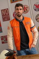 Orange sheepskin racer jacket with Le Mans patches and ribbed waist. - Image n°2