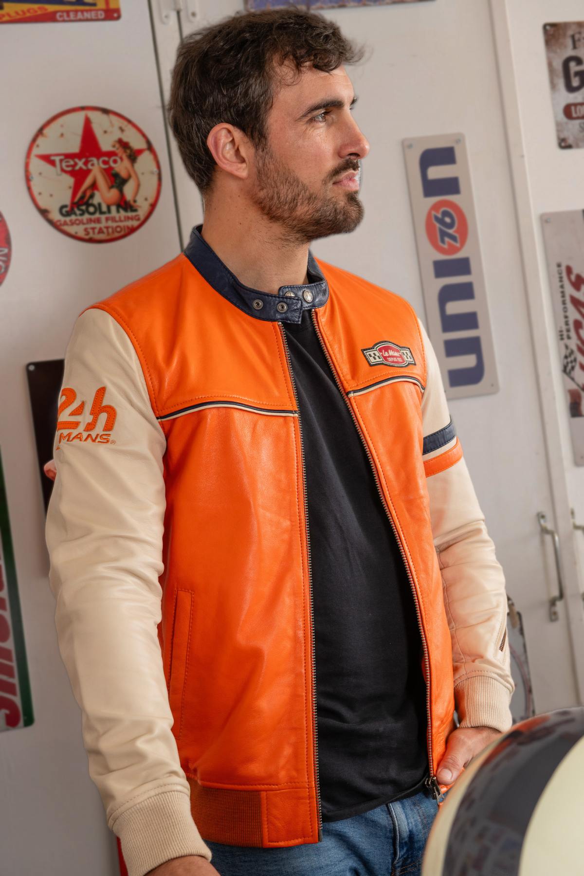 Orange sheepskin racer jacket with Le Mans patches and ribbed waist. - Image n°5