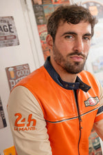 Orange sheepskin racer jacket with Le Mans patches and ribbed waist. - Image n°6
