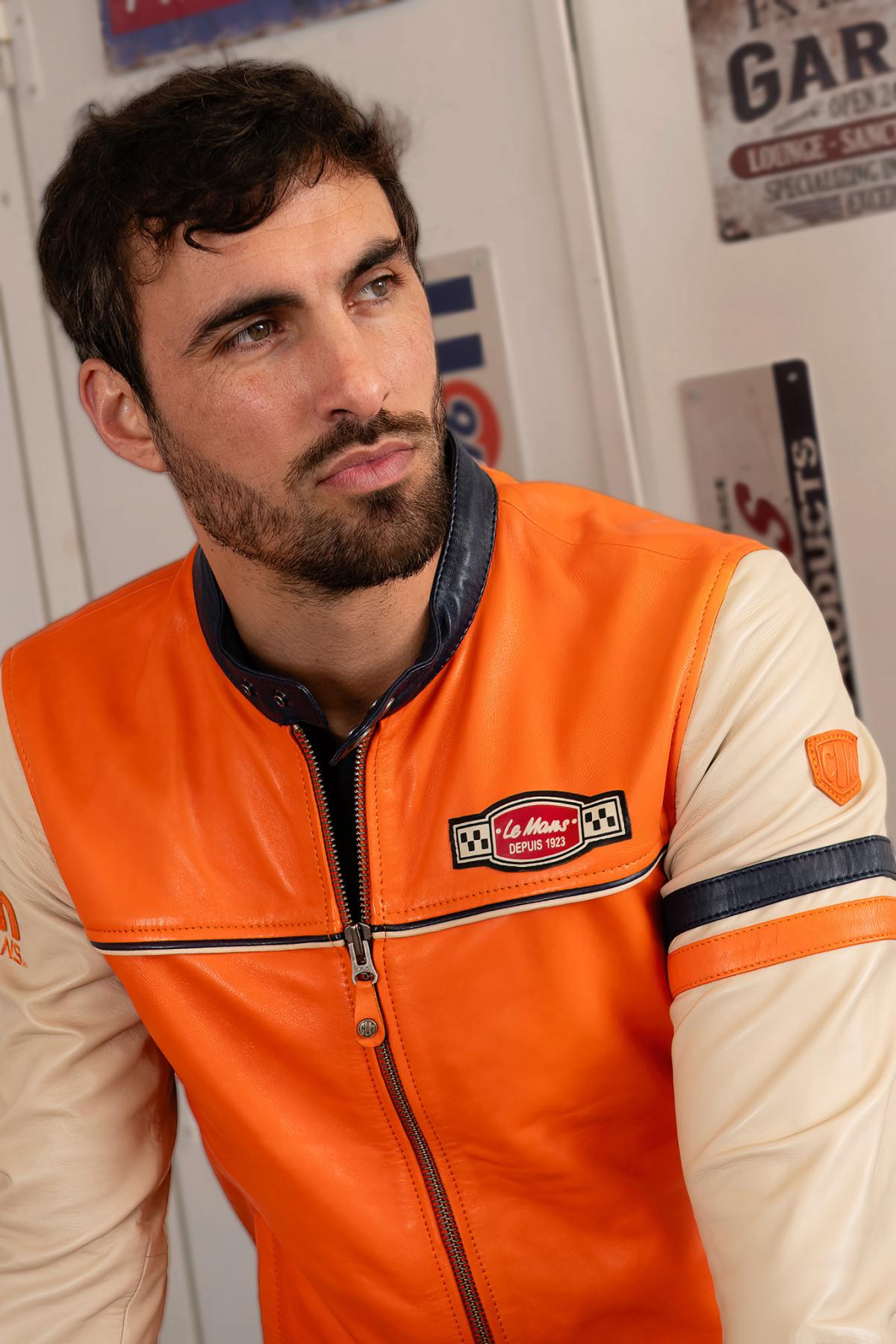 Orange sheepskin racer jacket with Le Mans patches and ribbed waist. - Image n°4