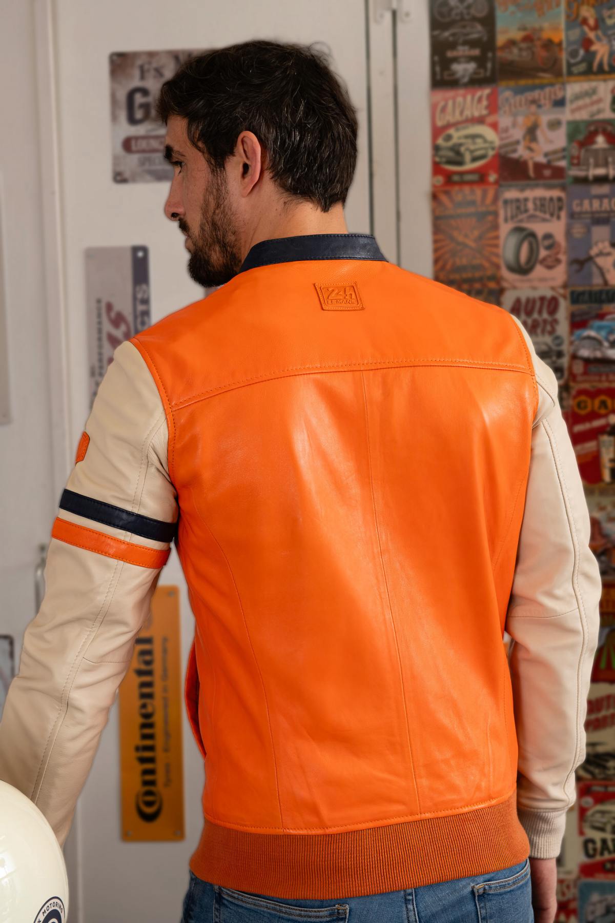 Orange sheepskin racer jacket with Le Mans patches and ribbed waist. - Image n°3