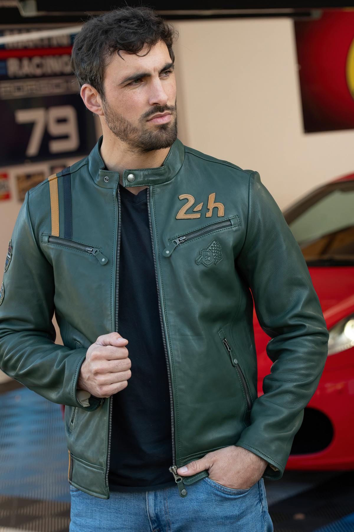 Green sheepskin jacket: Le Mans heritage meets timeless biker style. - Image n°1