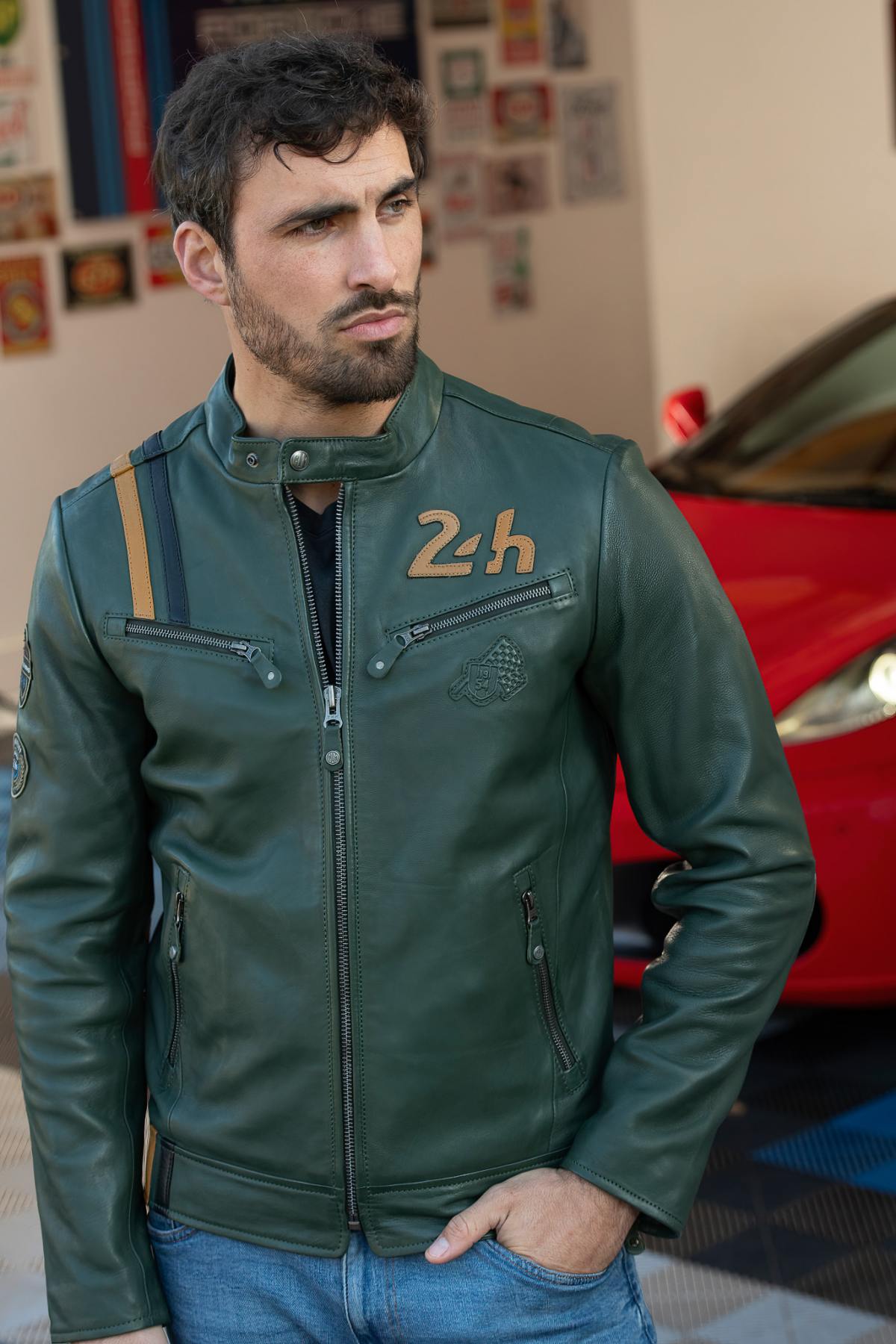 Green sheepskin jacket: Le Mans heritage meets timeless biker style. - Image n°3