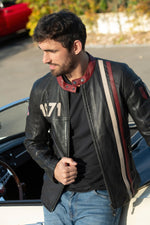 Thick sheep leather jacket with raw patina and racing stripes. - Image n°4
