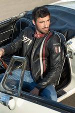 Thick sheep leather jacket with raw patina and racing stripes. - Image n°2