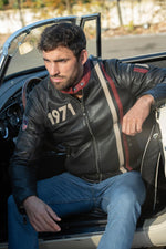 Thick sheep leather jacket with raw patina and racing stripes. - Image n°1