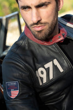 Thick sheep leather jacket with raw patina and racing stripes. - Image n°6