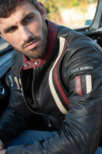 Thick sheep leather jacket with raw patina and racing stripes. - Image n°3