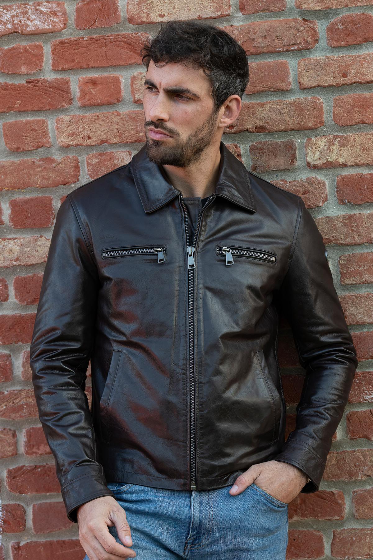 Dark brown buffalo leather jacket by Redskins, jacquard lined. - Image n°1