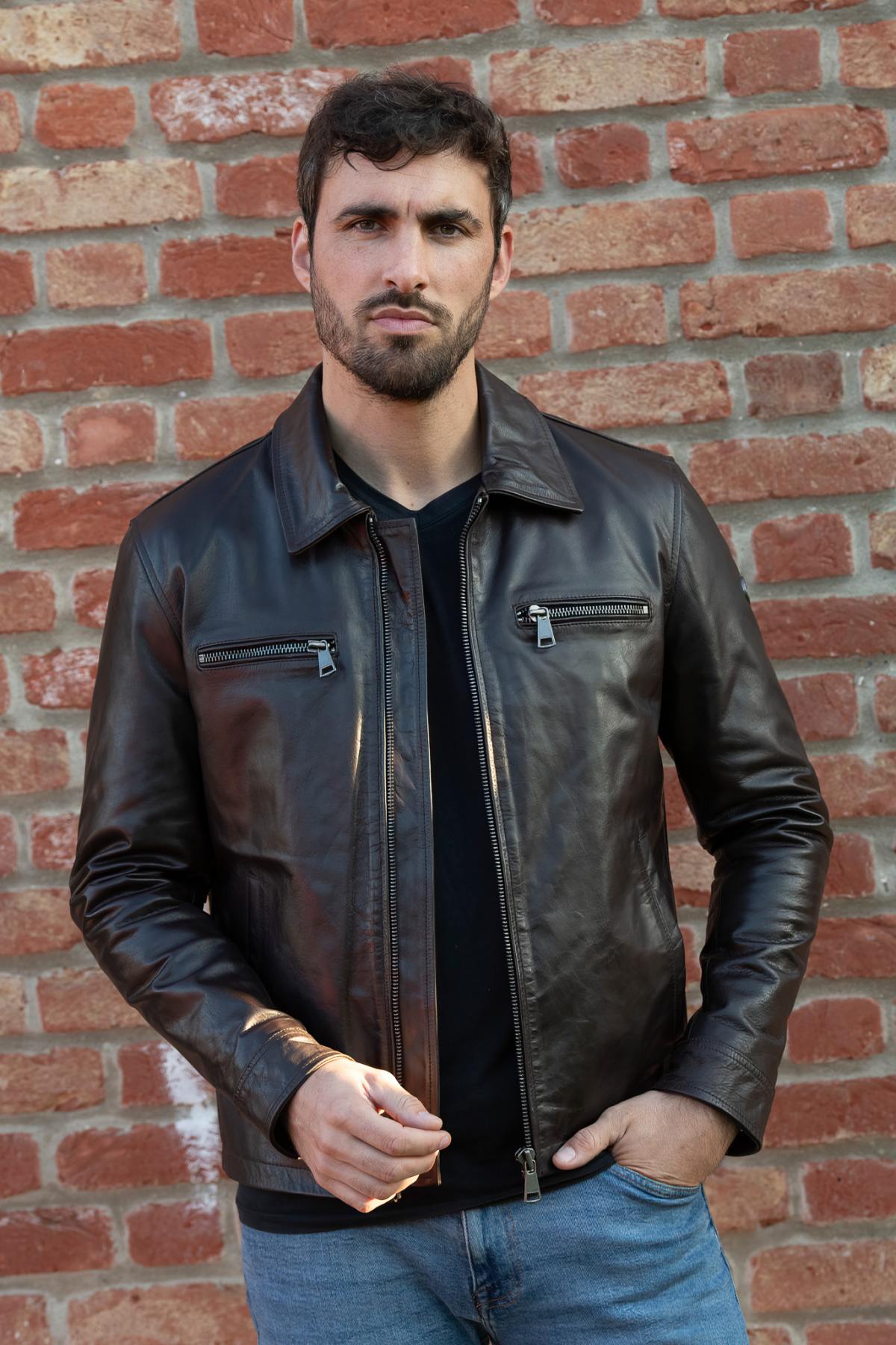 Dark brown buffalo leather jacket by Redskins, jacquard lined. - Image n°4