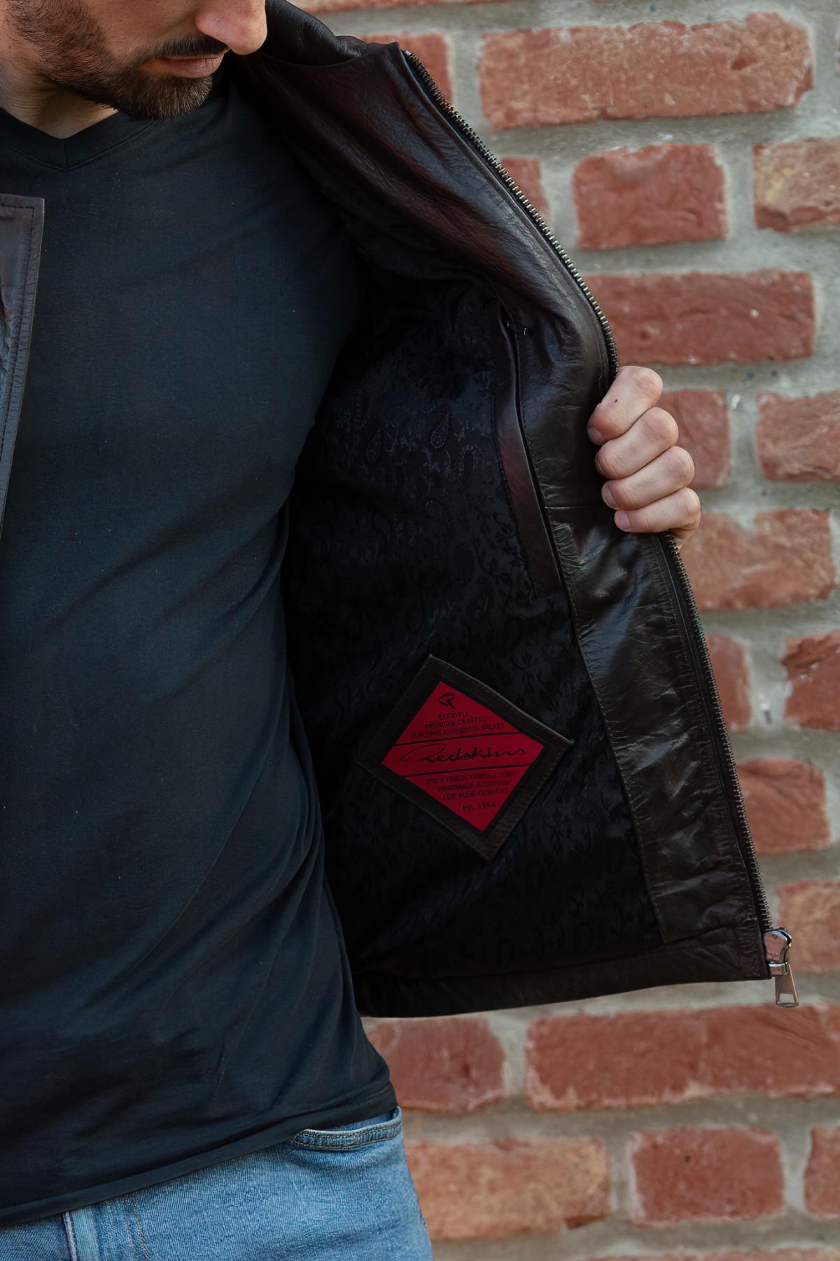 Dark brown buffalo leather jacket by Redskins, jacquard lined. - Image n°3