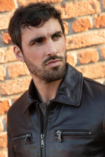 Dark brown buffalo leather jacket by Redskins, jacquard lined. - Image n°6