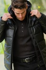 Black leather down jacket with removable hood - Image n°4