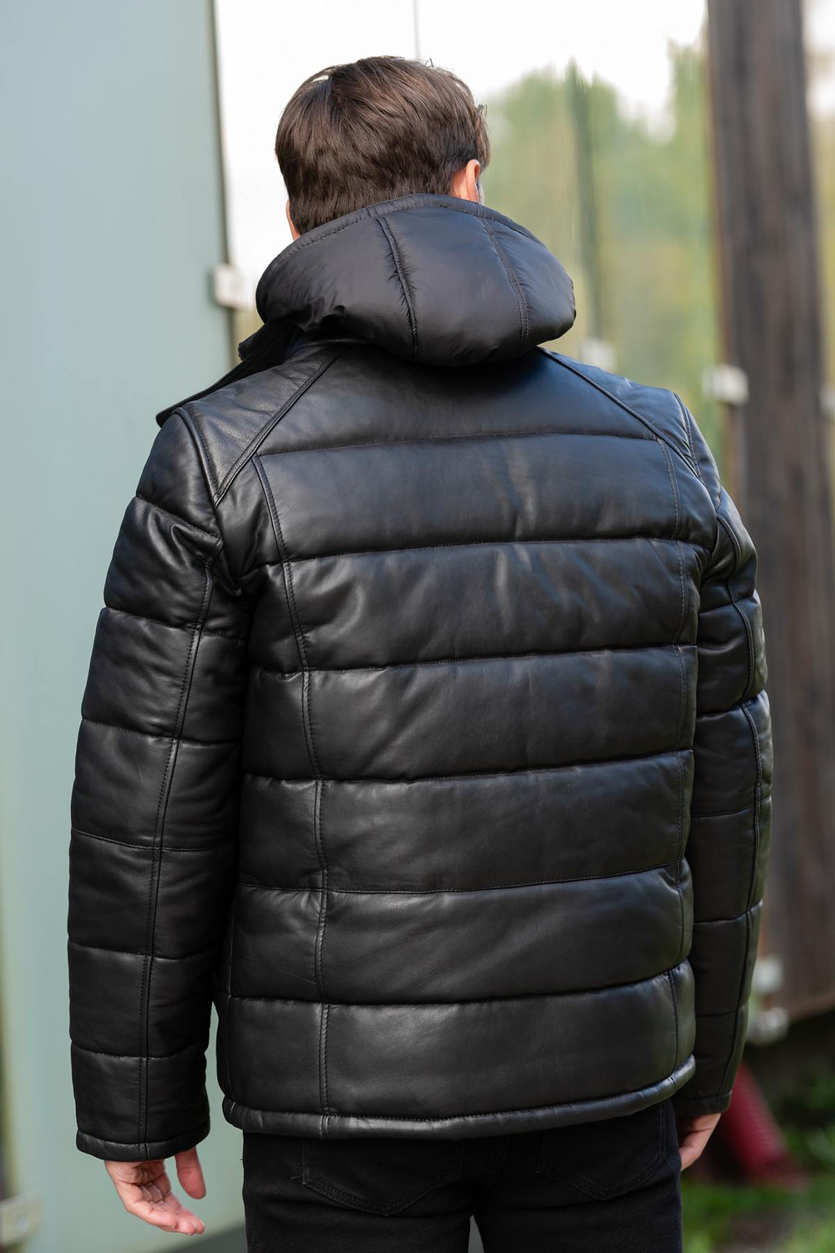 Black leather down jacket with removable hood - Image n°3