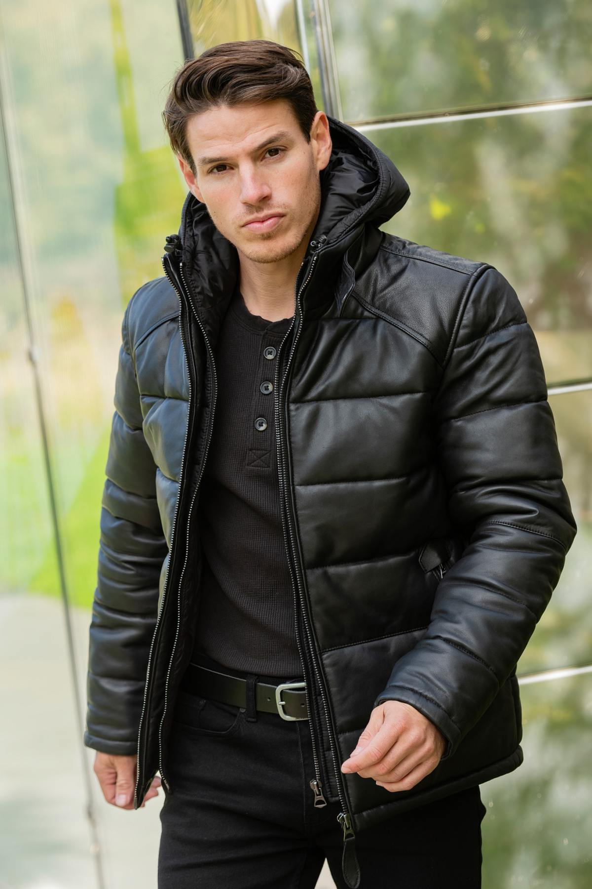 Black leather down jacket with removable hood - Image n°2