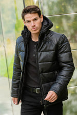 Black leather down jacket with removable hood - Image n°2