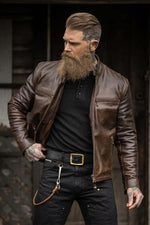 DAYTONA RUST: rust-hued buffalo leather, slim cut, lined for bikers. - Image n°1