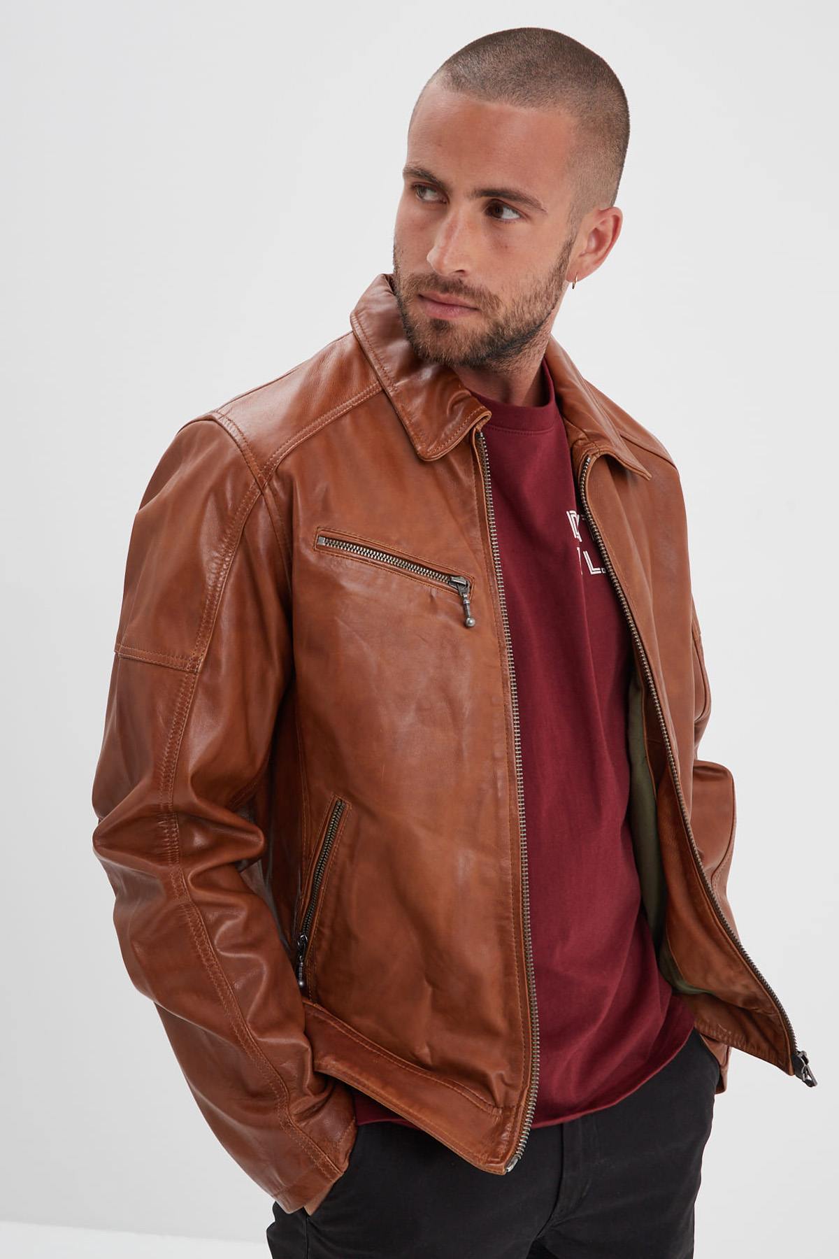 Cognac sheep leather jacket, slim-fit and washed for a vintage touch. - Image n°1