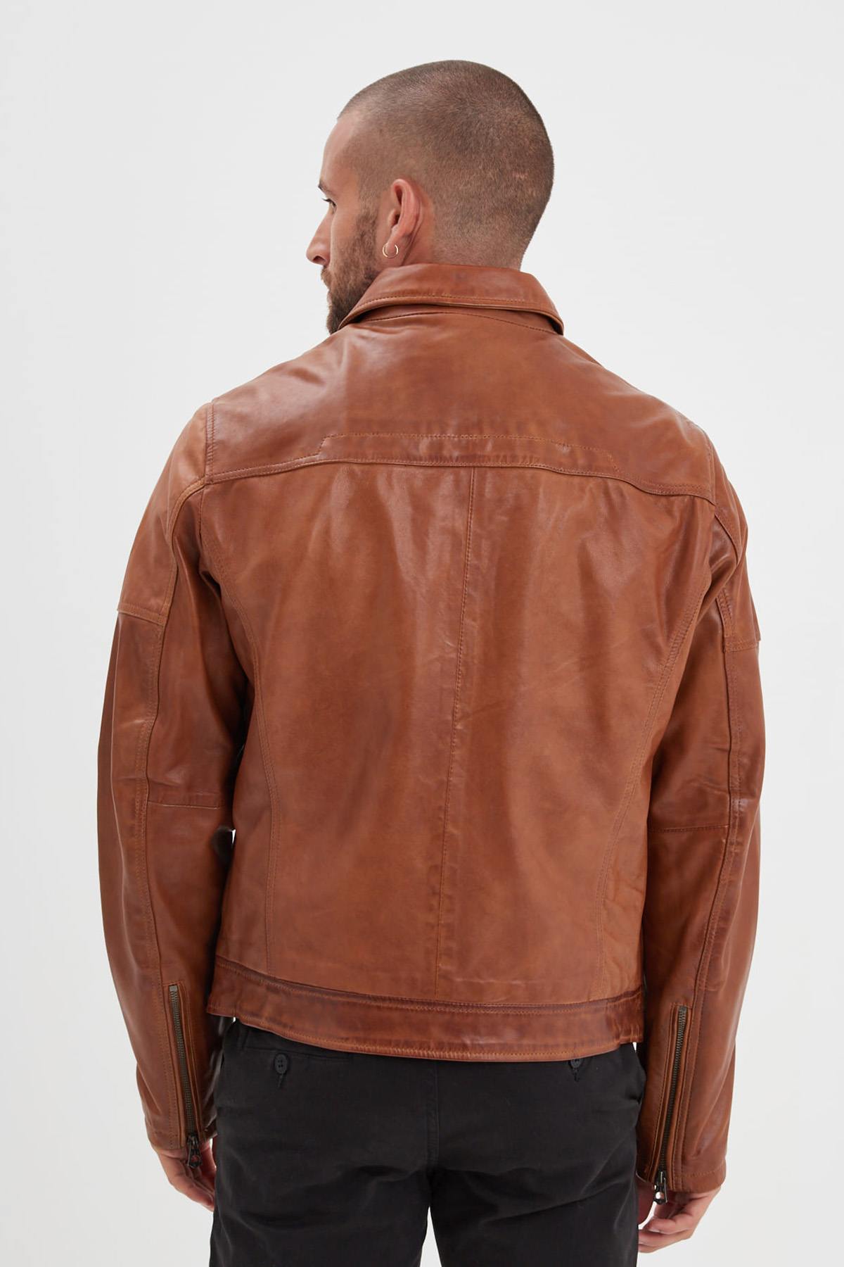 Cognac sheep leather jacket, slim-fit and washed for a vintage touch. - Image n°4