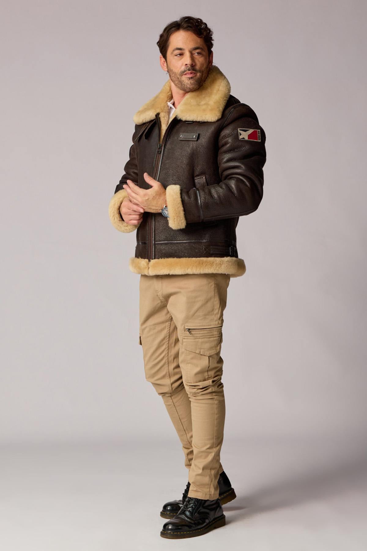 Reversed sheep leather bomber in brown and beige, warm and durable. - Image n°3