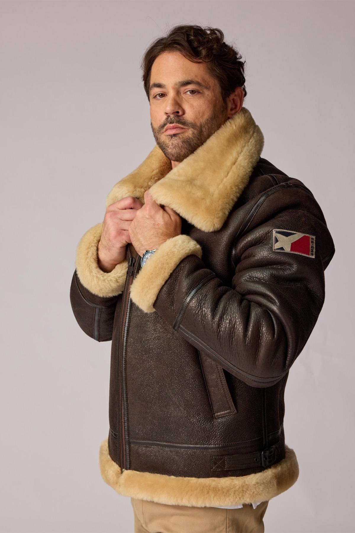 Reversed sheep leather bomber in brown and beige, warm and durable. - Image n°1