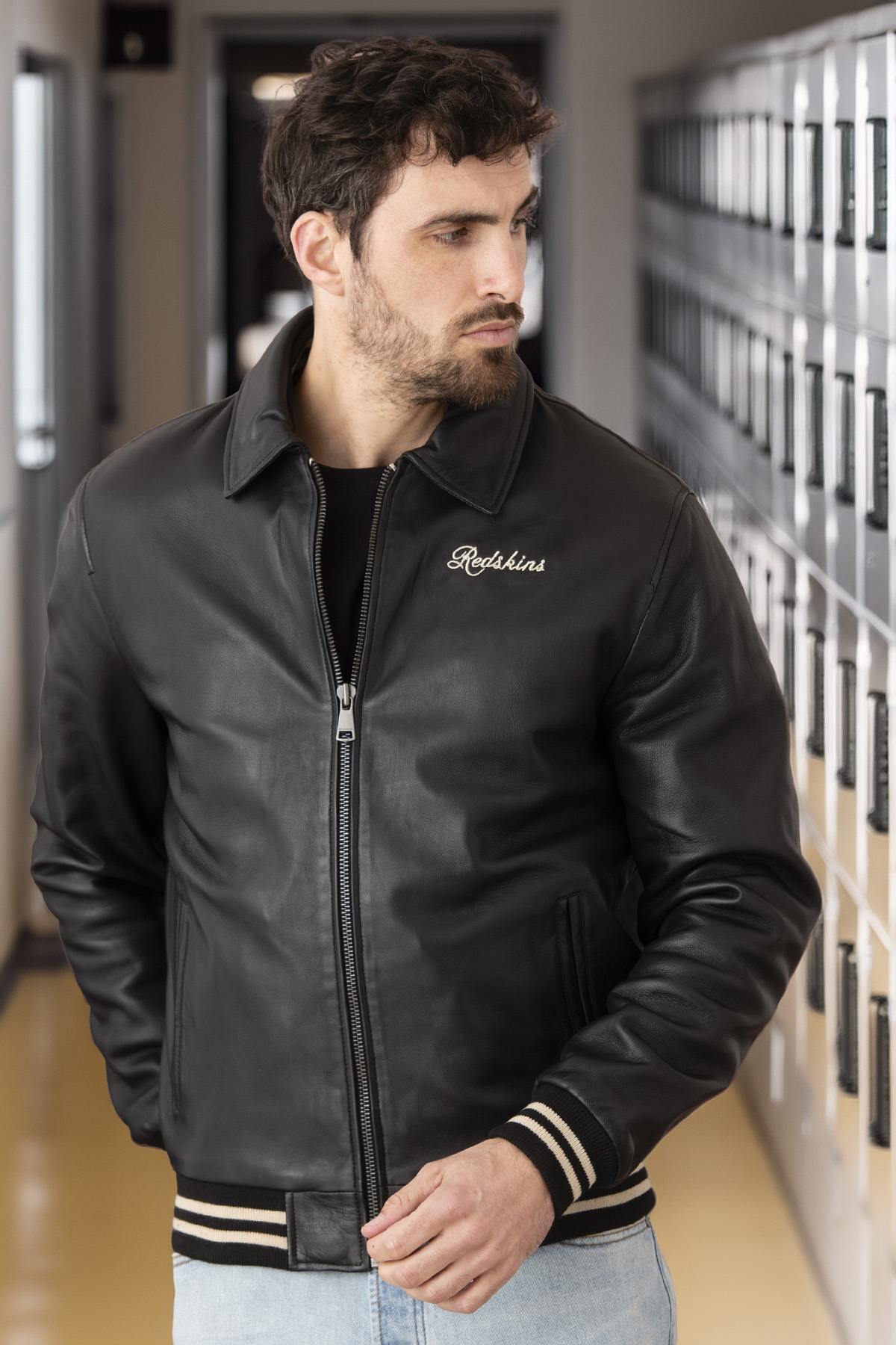 Black sheep leather jacket with ribbed cuffs and quilted lining. - Image n°6