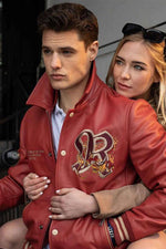 Redskins' red cowhide bomber with dragon embroidery and ribbed cuffs. - Image n°2