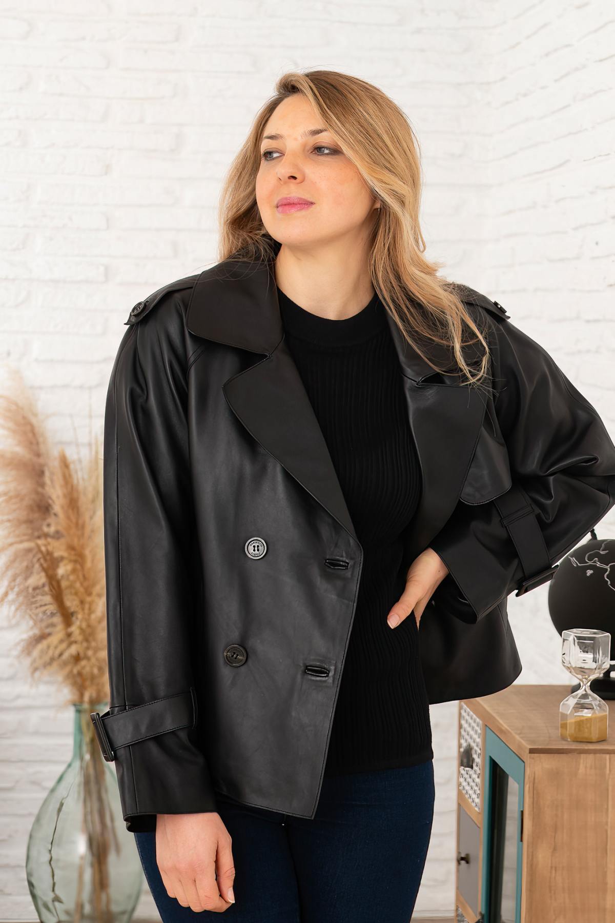 Black leather trench inspired jacket - Image n°5