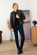 Thin and lightweight black leather biker collar jacket - Image n°6