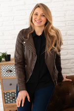 Chocolate shearling perfecto: slim fit, asymmetric zip, snap collar. - Image n°1