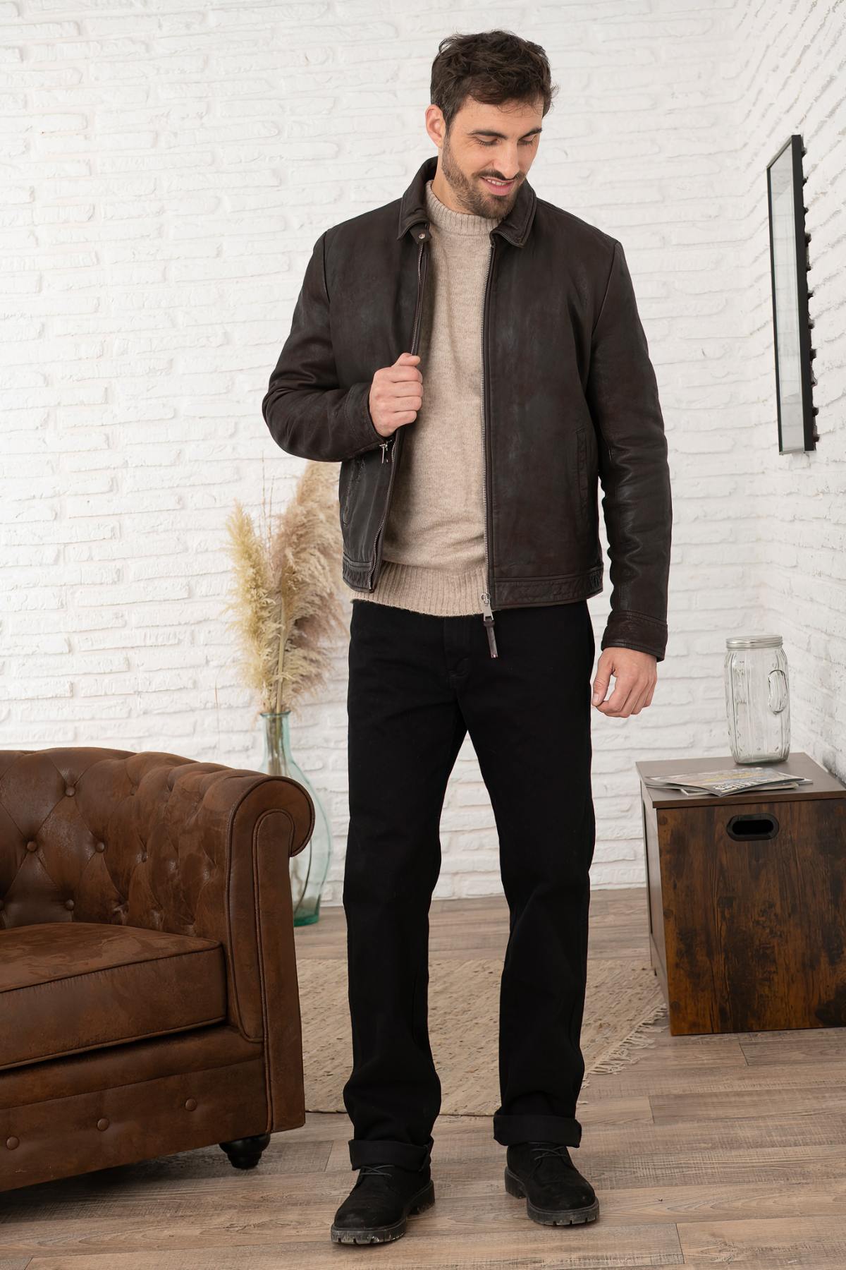 Brown leather jacket with shirt collar - Image n°2