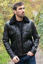 Black leather trucker jacket with removable fur collar - Image n°1