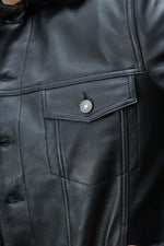 Black leather trucker jacket with removable fur collar - Image n°4