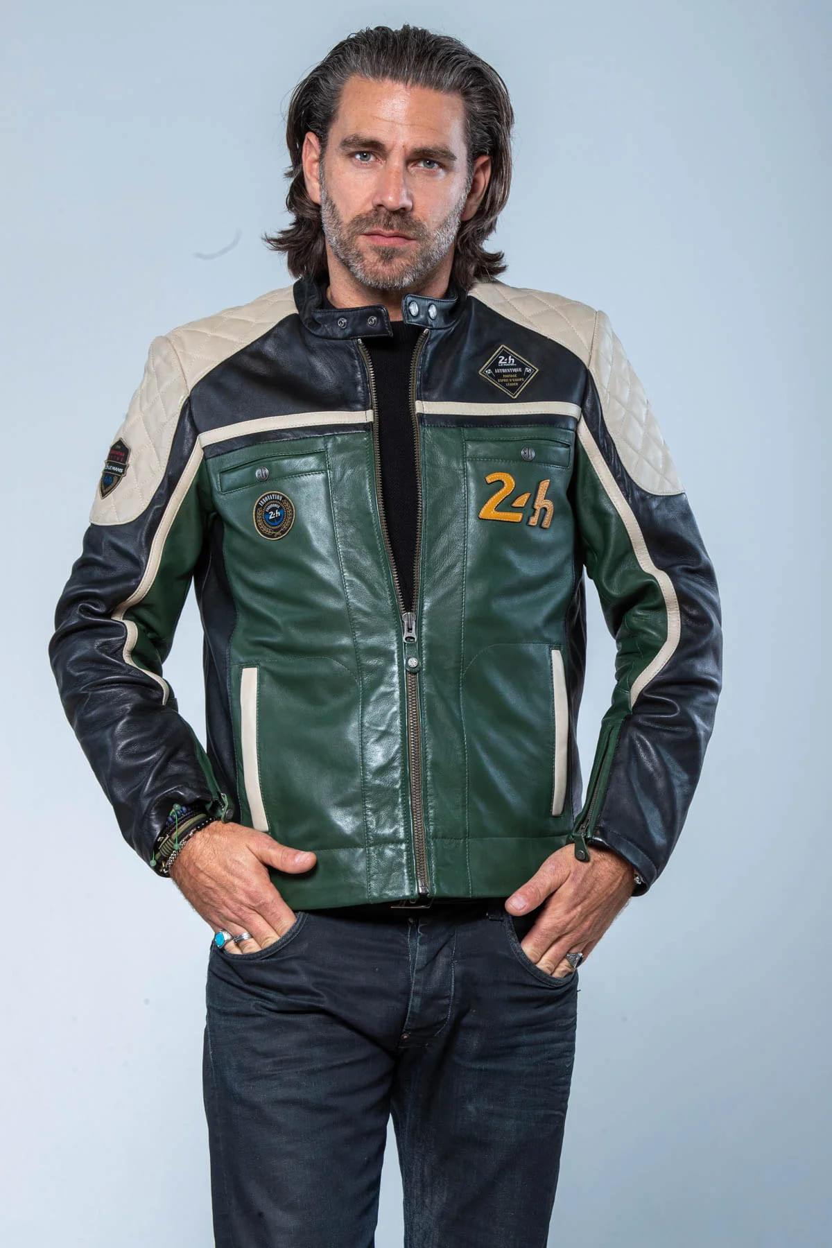 Green, white and black racing biker collar leather jacket - Image n°5