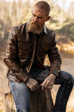 Rustic mahogany buffalo leather trucker jacket with western stitching. - Image n°8