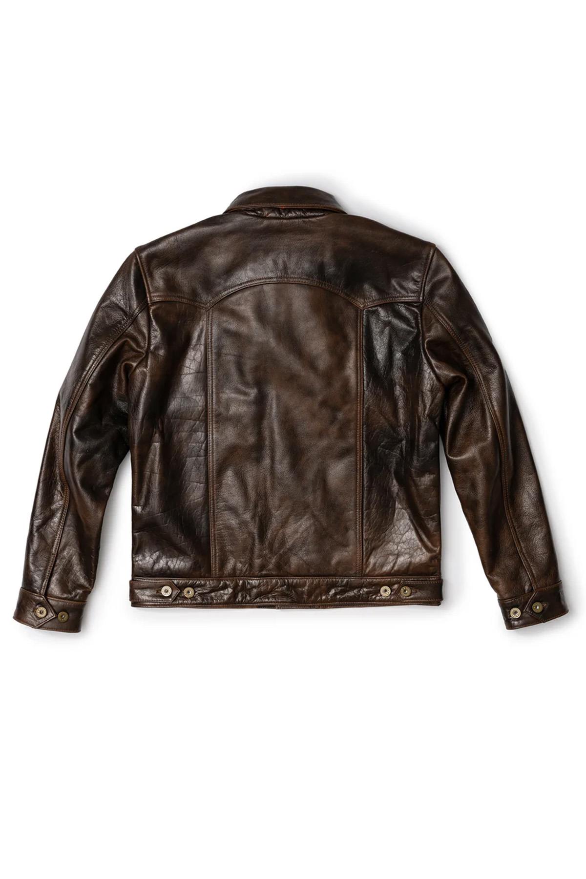 Rustic mahogany buffalo leather trucker jacket with western stitching. - Image n°15