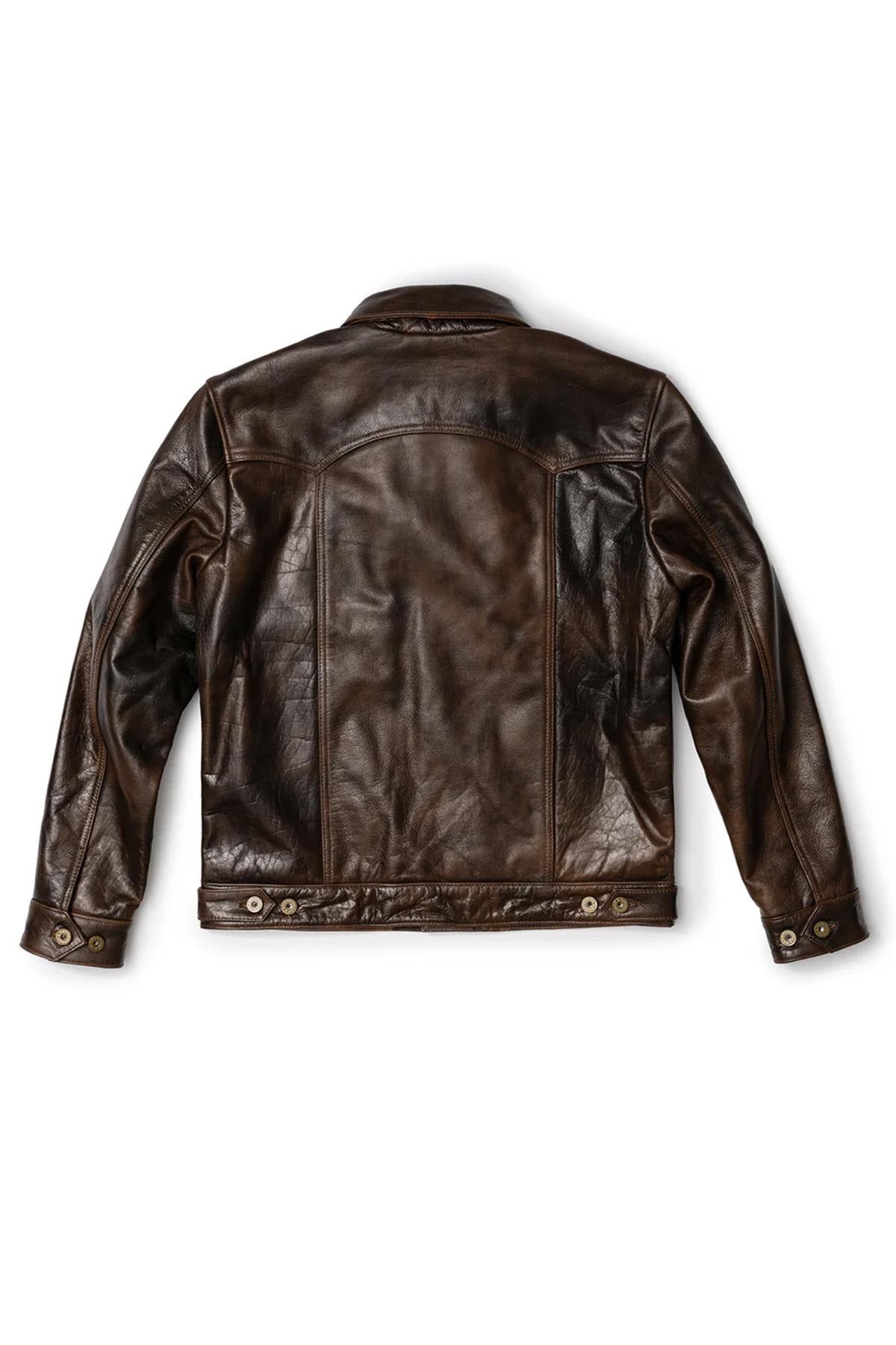 Rustic mahogany buffalo leather trucker jacket with western stitching. - Image n°15