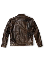 Rustic mahogany buffalo leather trucker jacket with western stitching. - Image n°15