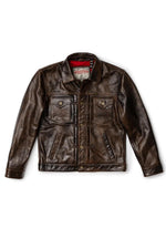 Rustic mahogany buffalo leather trucker jacket with western stitching. - Image n°13