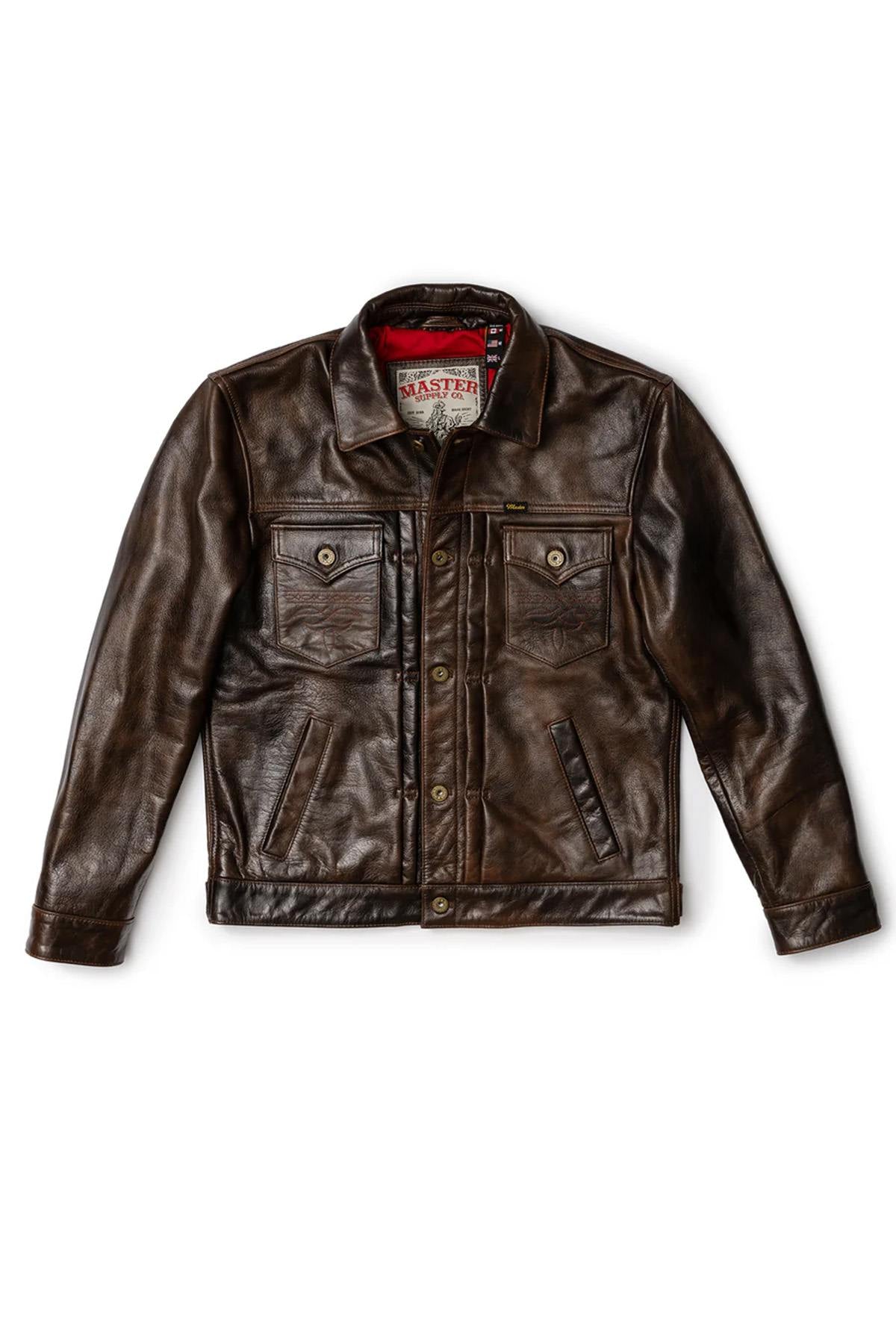 Rustic mahogany buffalo leather trucker jacket with western stitching. - Image n°13