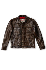 Rustic mahogany buffalo leather trucker jacket with western stitching. - Image n°13