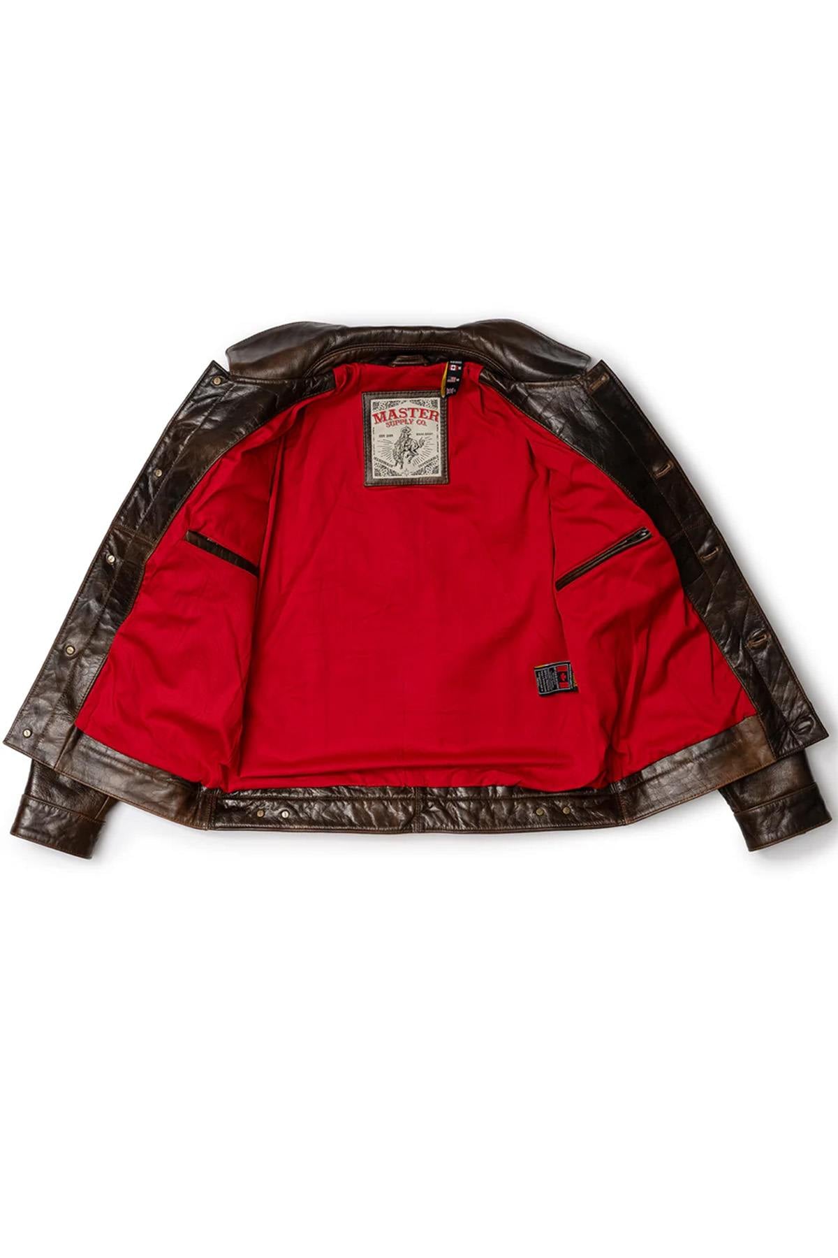 Rustic mahogany buffalo leather trucker jacket with western stitching. - Image n°14